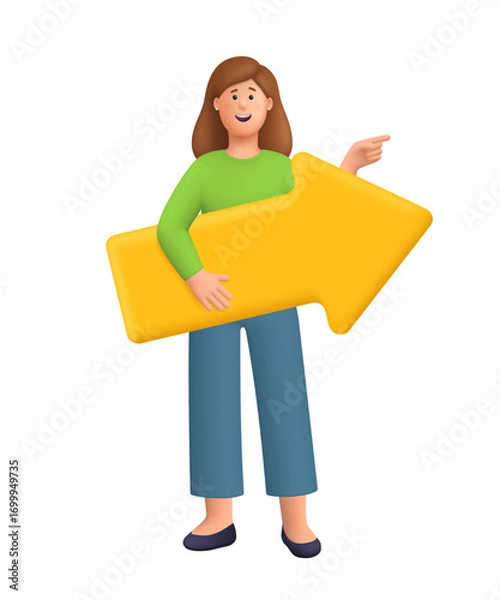 Fototapeta Young smiling woman Kate holding large yellow arrow and pointing forward. Direction, choice, decision making, progress and navigation concept. 3d vector people character. Cartoon minimal style.