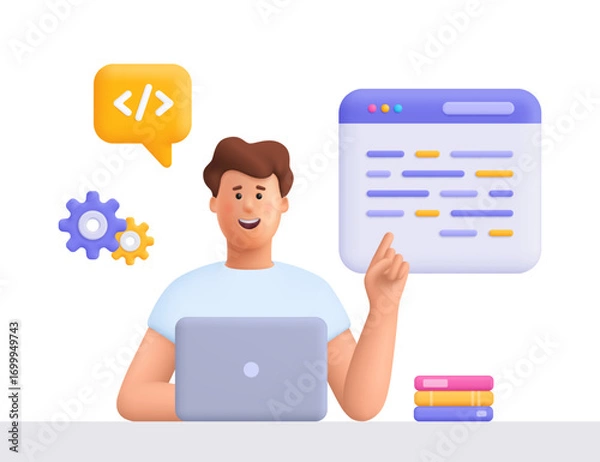 Obraz Young smiling man James working on laptop, writing code, create software. Software engineering, web development, programming and coding concept. 3d vector people character. Cartoon minimal style.