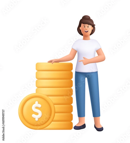 Fototapeta Young smiling woman Jane standing next to large stack of golden coins. Money, savings, investment, finance and financial growth concept. 3d vector people character. Cartoon minimal style.