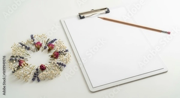 Fototapeta A blank clipboard with paper and a pencil lies on a white surface next to a circular wreath of dried pink rosebuds white blooms and purple lavender sprigs
