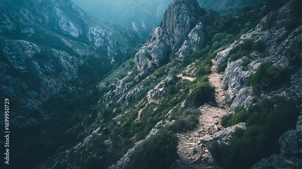 Fototapeta Scenic Mountain Path Through Rugged Terrain and Lush Greenery