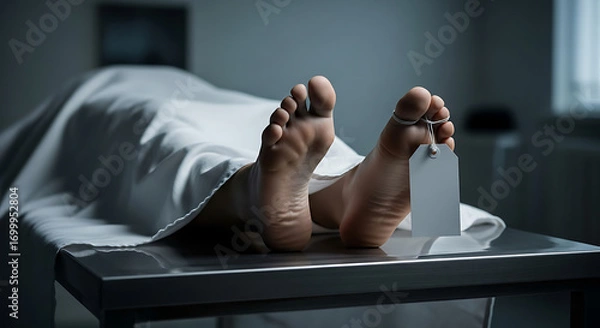 Fototapeta Deceased person covered with a white sheet on an autopsy table, focus on the feet and toe tag