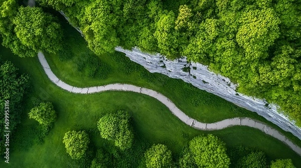 Fototapeta Aerial View of Winding Path Through Lush Green Park