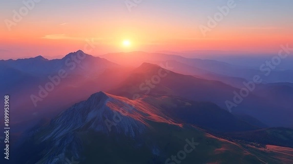 Fototapeta Serene mountain range bathed in the warm, golden glow of a setting sun
