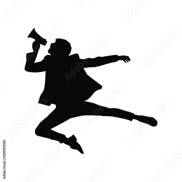 Obraz A dynamic silhouette of a man jumping in mid-air while shouting into a megaphone. This image conveys a sense of strong public communication, protest, announcement, or enthusiastic promotion.