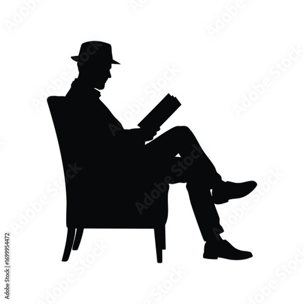 Obraz A black silhouette of a man wearing a hat, sitting comfortably in an armchair and reading a book. This image represents leisure, intellectual pursuits, relaxation, and a calm, quiet moment.