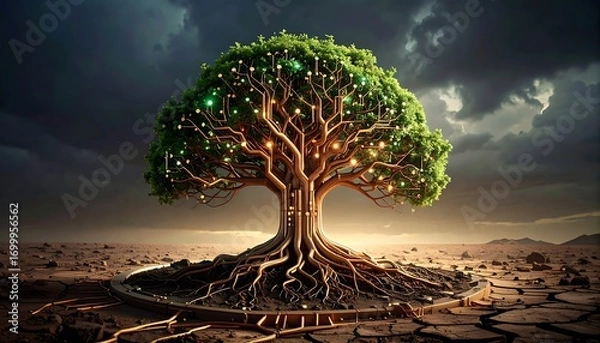 Fototapeta Glowing tree with circuit roots against stormy sky. Suitable for tech or environmental concepts in graphic design projects.