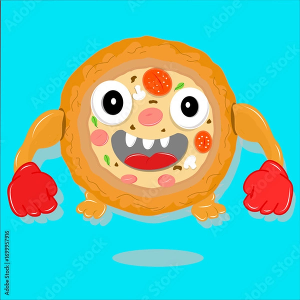 Fototapeta Vector icon of a funny pizza bread monster with expressive face and red boxing gloves. Cute cartoon character perfect for logo, sticker, game asset, mobile app, esport mascot, and digital design.
