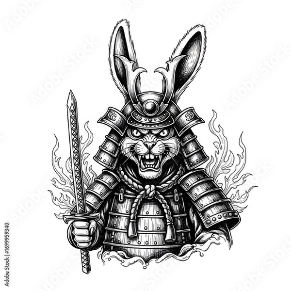 Fototapeta Illustration of a rabbit samurai warrior, a fierce fighter with a katana sword