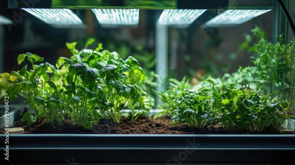 Obraz Indoor Herb Garden with Basil and Parsley Growing Under Artificial Grow Lights in Glass Enclosure