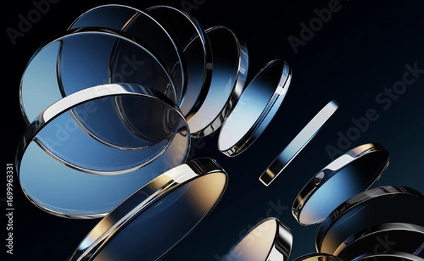 Fototapeta Abstract dark 3d background with neon glass circle disc and blue brown gradient. Circular ring motion effect of crystal round disks, holographic transparent lens. Digital tech banner. 3D illustration