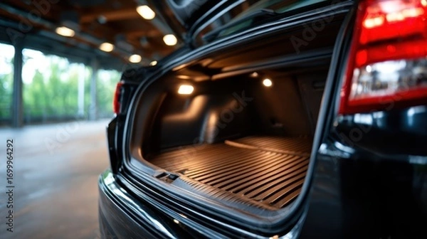Fototapeta A spacious, well-lit car trunk represents adventure possibilities, inviting onlookers to imagine journeys, packing for trips, and the excitement of road travel ahead.