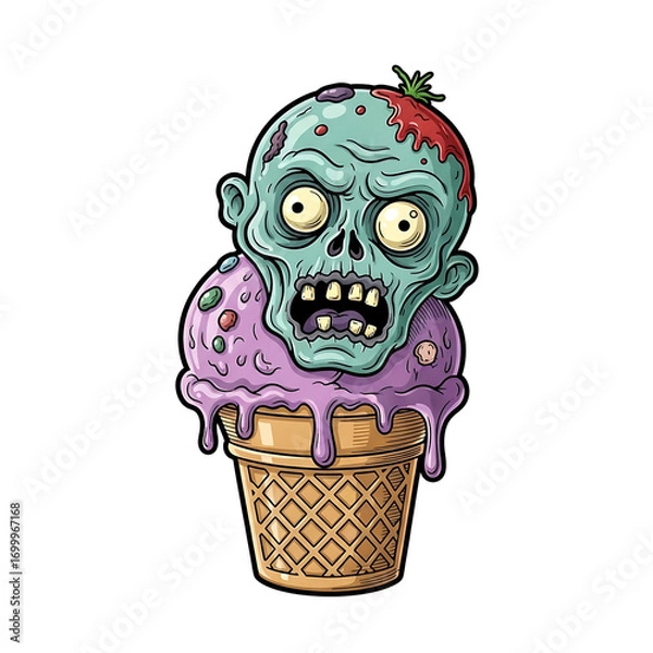 Fototapeta Cartoon zombie ice cream isolated on white background, a spooky and sweet treat for halloween