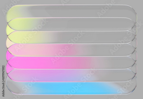 Fototapeta Glass transparent frames with rainbow color gradient and overlay effect on gray 3d background. Crystal buttons, neon horizontal rectangle banners with glow rounded edges overlapping. 3D illustration