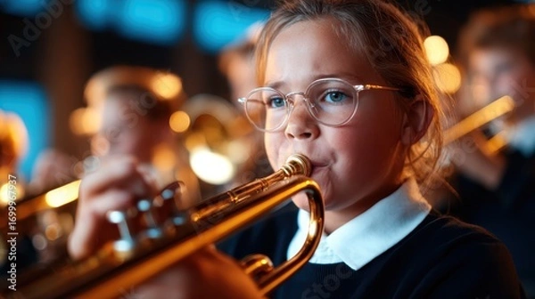 Fototapeta A young girl, deeply immersed in playing her trumpet, showcases determination and talent, highlighting the joy of music and the vibrancy of youth during a performance.