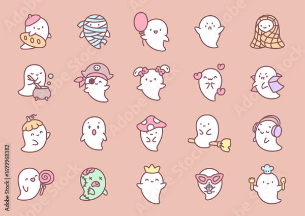 Fototapeta Cute ghost icon set. Collection of hand drawn funny spooky spirits in different costumes and moods. Kawaii halloween stickers. Vector 10 EPS.

