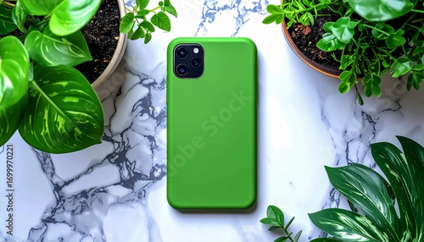 Fototapeta Glossy Matcha Green Smartphone Case on Marble Surface Flatlay Mockup