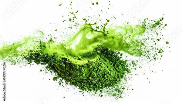 Fototapeta Dynamic Splash of Matcha Green Powder Floating in Air Isolated on White Background