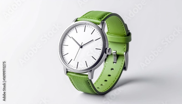 Fototapeta Minimalist Wristwatch with Matcha Green Leather Strap Isolated on Plain Background