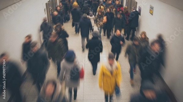 Fototapeta Crowded Subway Station Corridor With Blurred Motion Of Commuters. Urban Hustle And Bustle