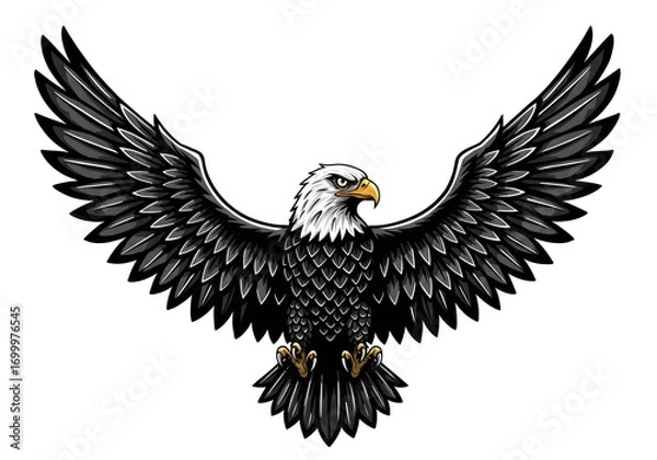Fototapeta Majestic Black and White Eagle with Spread Wings in Flight on White Background