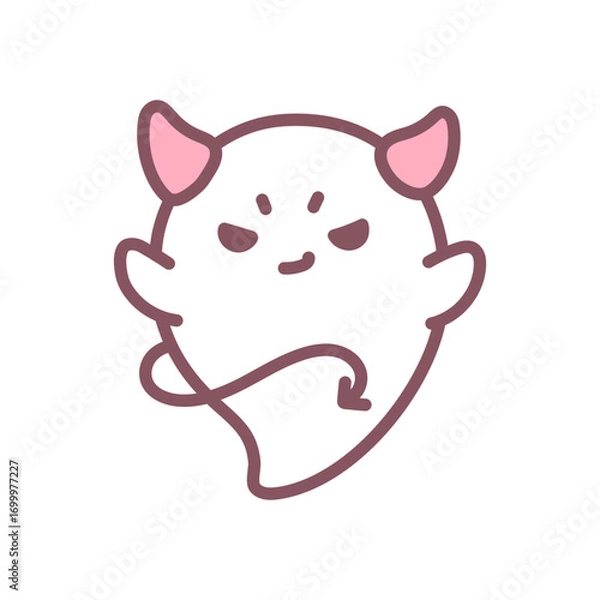 Fototapeta Cute devil ghost icon. Funny little ghost with little devil horns. Doodle illustration isolated on white background. Kawaii halloween sticker. Vector 10 EPS.