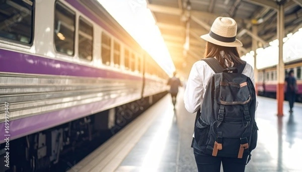Fototapeta Traveler with Backpack Waiting on a Train Station Platform