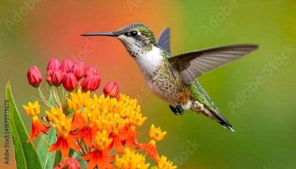 Fototapeta Vibrant hummingbird in flight, hovering near a cluster of colorful flowers, showcasing a beautiful display of nature's artistry.