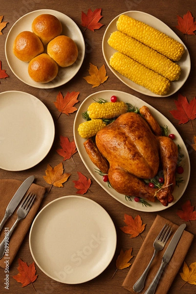 Obraz Thanksgiving dinner table flat lay with roasted turkey, corn, bread rolls and fall leaves on rustic wooden background