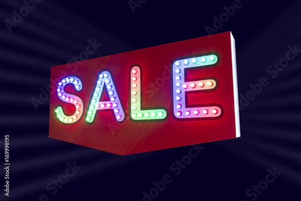 Fototapeta colorful led SALE sign. isolated on dark background with clipping part