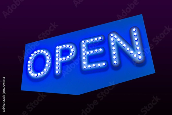 Fototapeta colorful led OPEN sign. isolated on dark background with clipping part