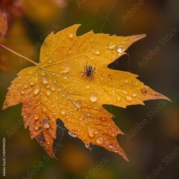 Obraz autumn maple leaf with spider and raindrops