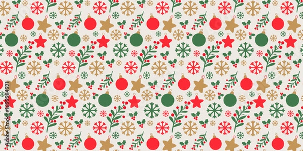 Fototapeta Merry Christmas and Happy New Year greeting card Set. Christmas kids Seamless Pattern with Xmas Tree, Gifts, Ornaments, and Candy. Trendy illustration with Christmas decorative poster background 