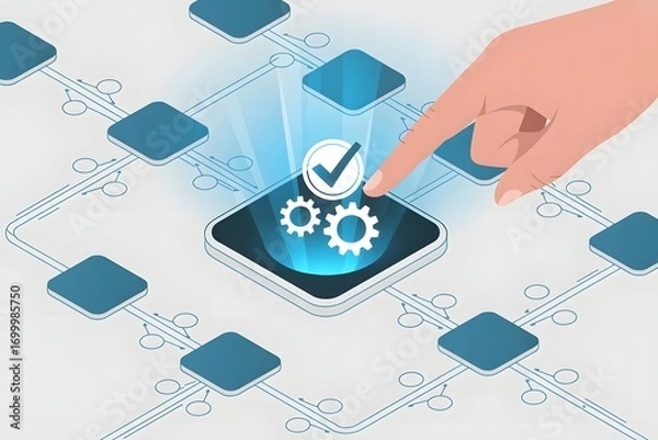 Obraz Hand touching digital process automation icon on smartphone isolated on white background