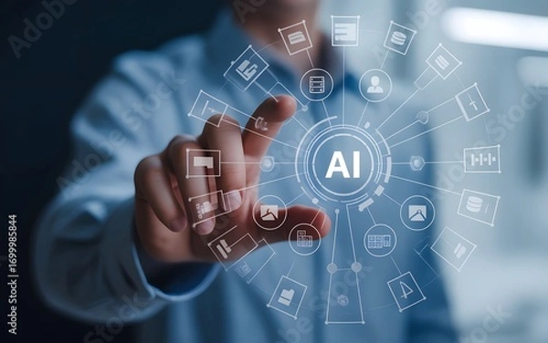 Obraz Man touching virtual screen displaying artificial intelligence and icons