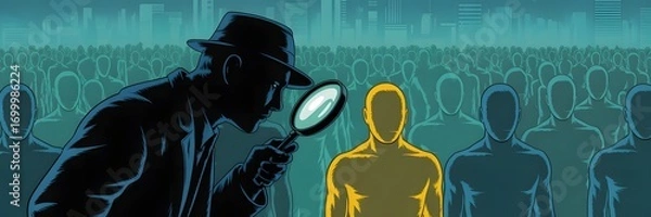 Obraz Detective using magnifying glass to find a person in the crowd of people