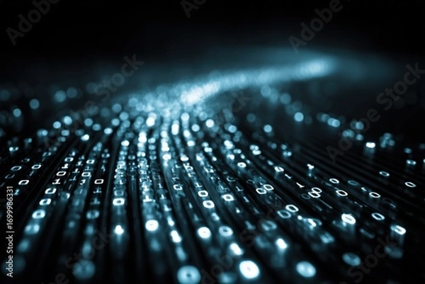 Obraz Glowing digital data stream of binary code, moving forward with a blur effect, dark background