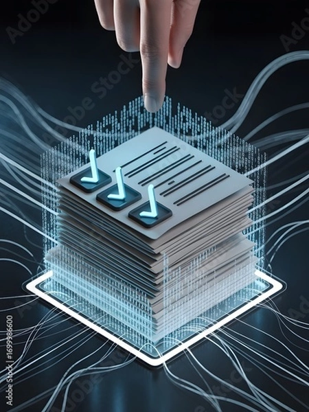 Obraz Finger pointing at digital document stack with check marks on dark background