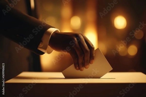 Fototapeta A person in formal attire casts a ballot into a voting box, symbolizing participation in an election amid warm, glowing lights