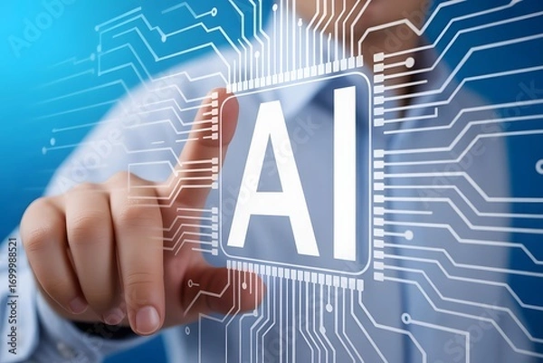 Obraz Man touching an ai icon on a screen, representing artificial intelligence