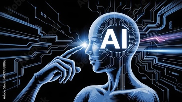 Obraz Artificial intelligence concept with human head and ai text on circuit board