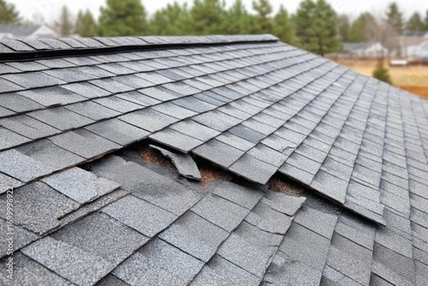 Obraz Close-up view of a residential roof with missing and damaged asphalt shingles, revealing the underlying structure, indicating a need for repair.
