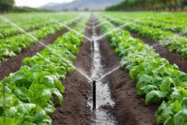 Obraz A vibrant agricultural field shows rows of lush green crops being actively irrigated by multiple water sprinklers, with water droplets visible in the air, ensuring healthy growth.