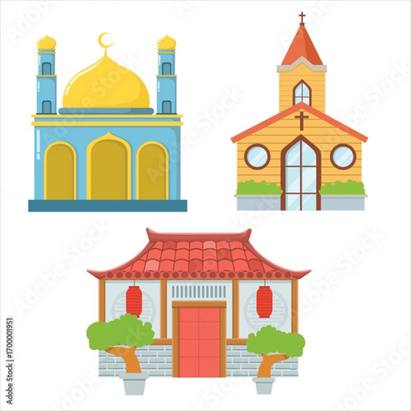 Fototapeta Flat style illustration of houses of worship, mosques, churches and temples with Unique Architecture
