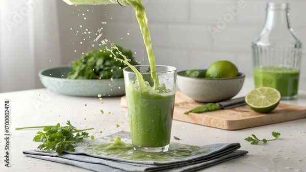 Obraz Fresh green juice being poured into a glass with limes and herbs on a bright white kitchen counter