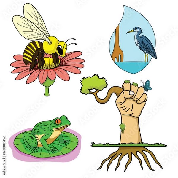 Fototapeta A Collection of Nature Illustrations Featuring Frogs, Stork Bees, and Hands Holding Branches