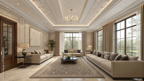 Obraz Elegant living room with beige sofas and large windows offering a serene view of the lush greenery