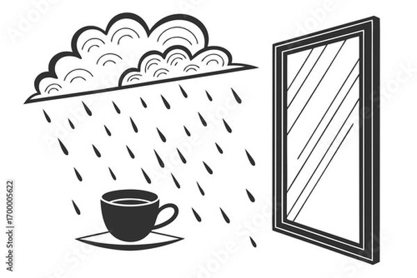 Fototapeta Coffee cup under rain next to mirror.