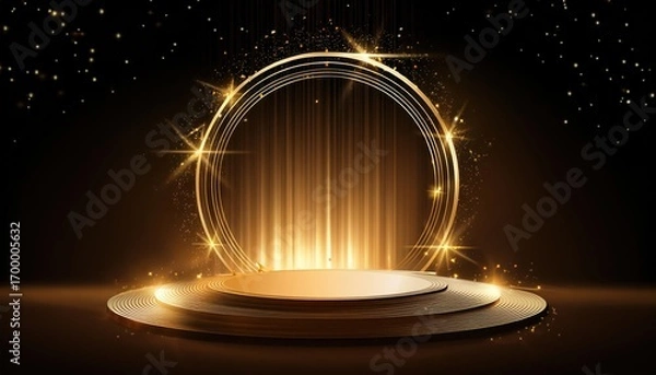 Fototapeta Elegant Golden Scene with Diagonal Glowing and Star Lighting Effect on Black Background