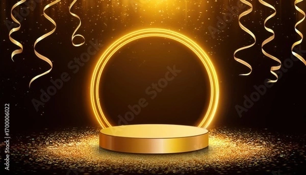 Fototapeta Product Presentation on Gold Podium with Yellow Neon Circle – Luxury Display